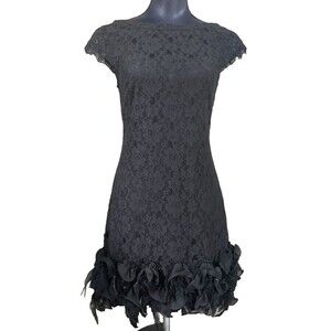 JESSICA SIMPSON Black Lace Overlay Shift Dress Sz M Feathers Ruffles Fairy Goth